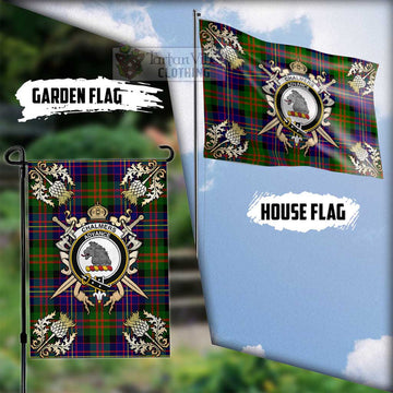 Chalmers Tartan Flag with Family Crest and Golden Thistle Crossed Sword Design