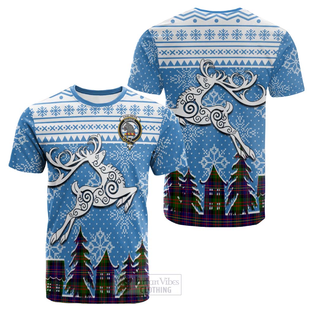 Tartan Vibes Clothing Chalmers Clan Christmas Cotton T-shirt Celtic Reindeer Style