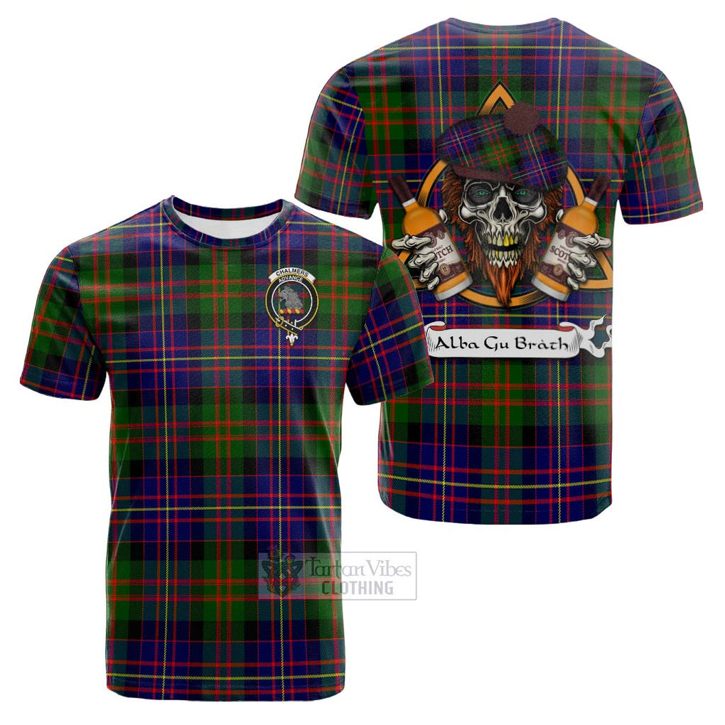 Tartan Vibes Clothing Chalmers Tartan Cotton T-shirt with Family Crest and Bearded Skull Holding Bottles of Whiskey