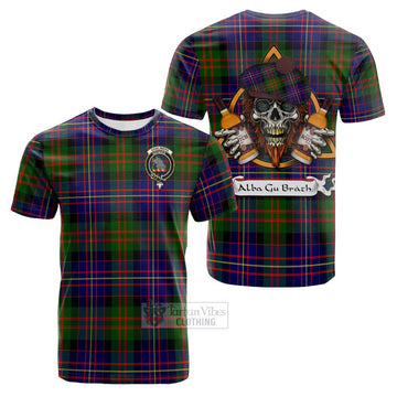 Chalmers Tartan Cotton T-shirt with Family Crest and Bearded Skull Holding Bottles of Whiskey