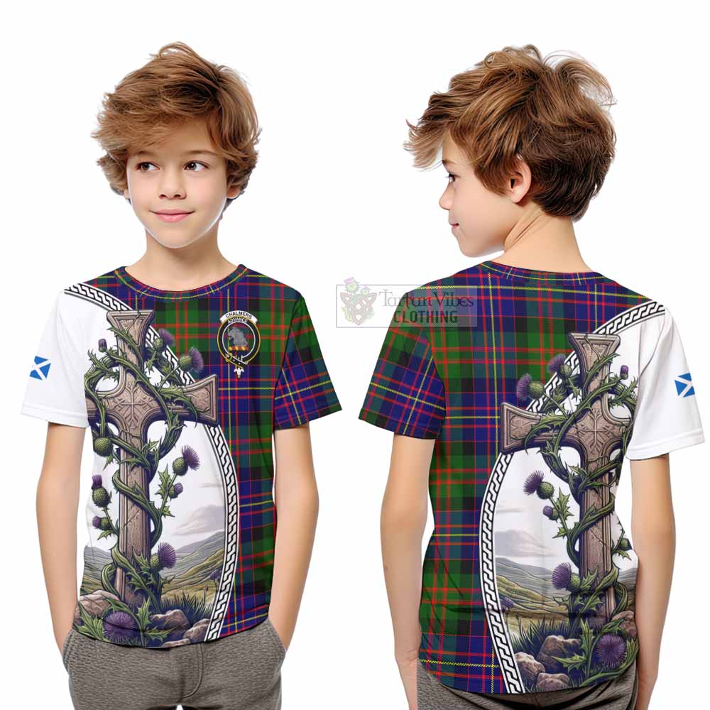 Tartan Vibes Clothing Chalmers Tartan Kid T-Shirt with Family Crest and St. Andrew's Cross Accented by Thistle Vines