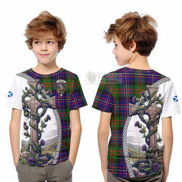 Chalmers Tartan Kid T-Shirt with Family Crest and St. Andrew's Cross Accented by Thistle Vines