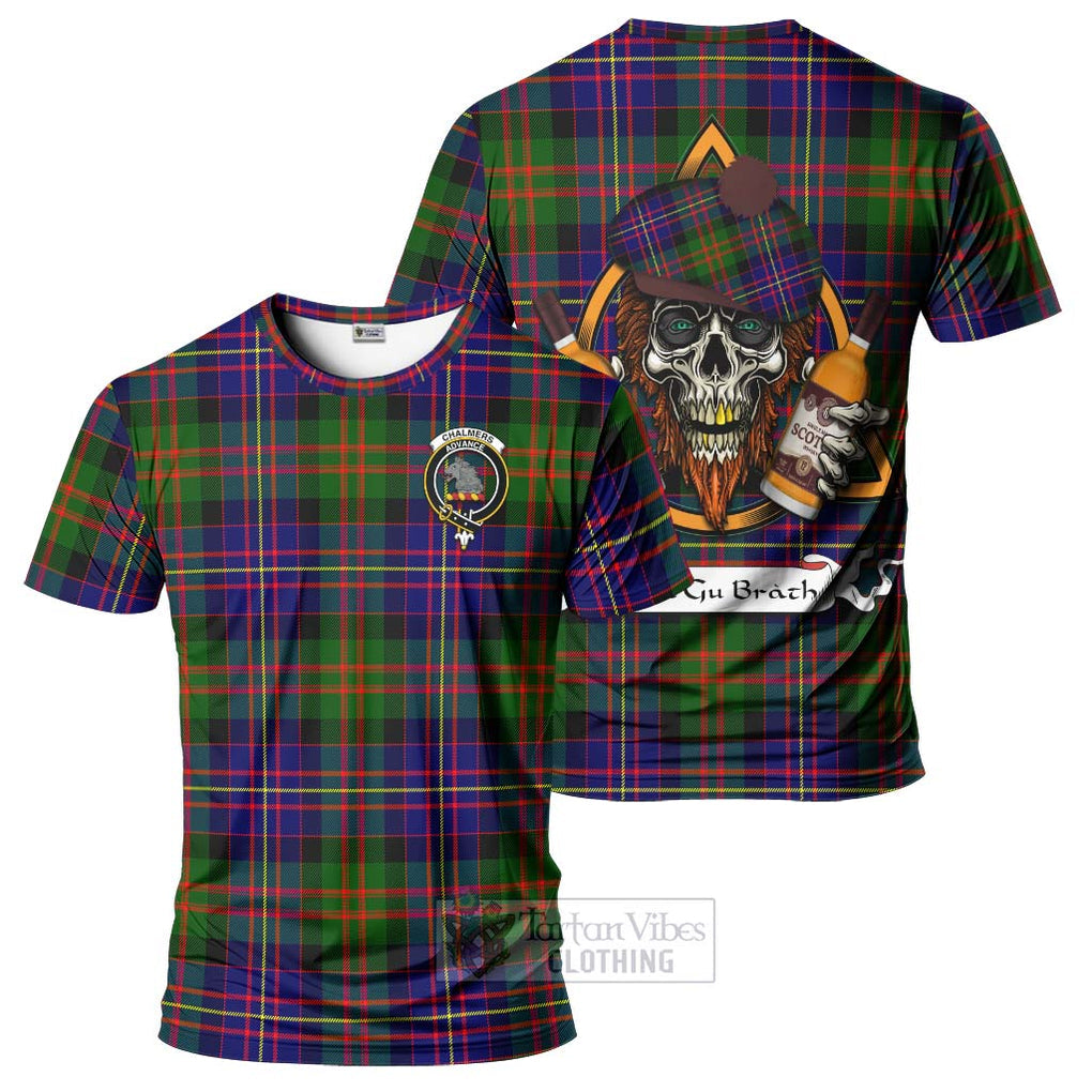 Tartan Vibes Clothing Chalmers Tartan T-Shirt with Family Crest and Bearded Skull Holding Bottles of Whiskey