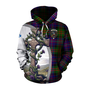 Chalmers Tartan Cotton Hoodie with Family Crest and St. Andrew's Cross Accented by Thistle Vines Pullover Hoodie XS - Tartan Vibes Clothing
