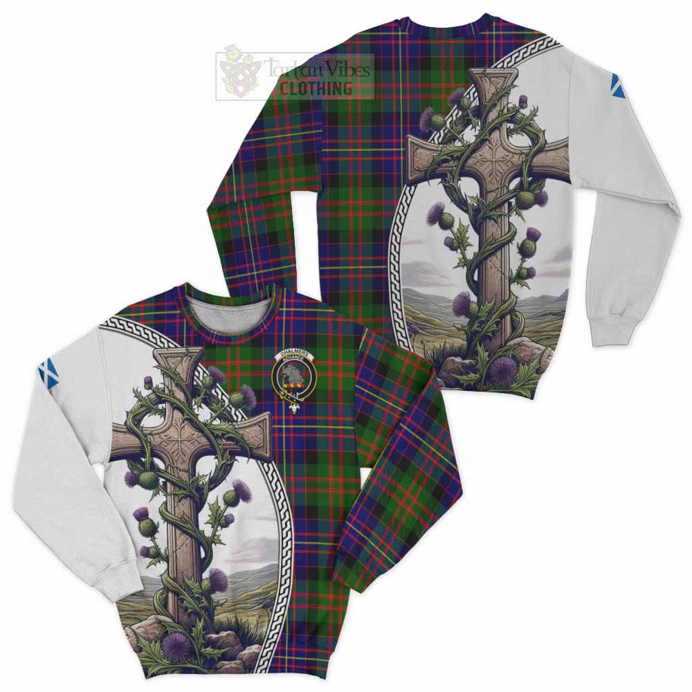 Tartan Vibes Clothing Chalmers Tartan Sweatshirt with Family Crest and St. Andrew's Cross Accented by Thistle Vines