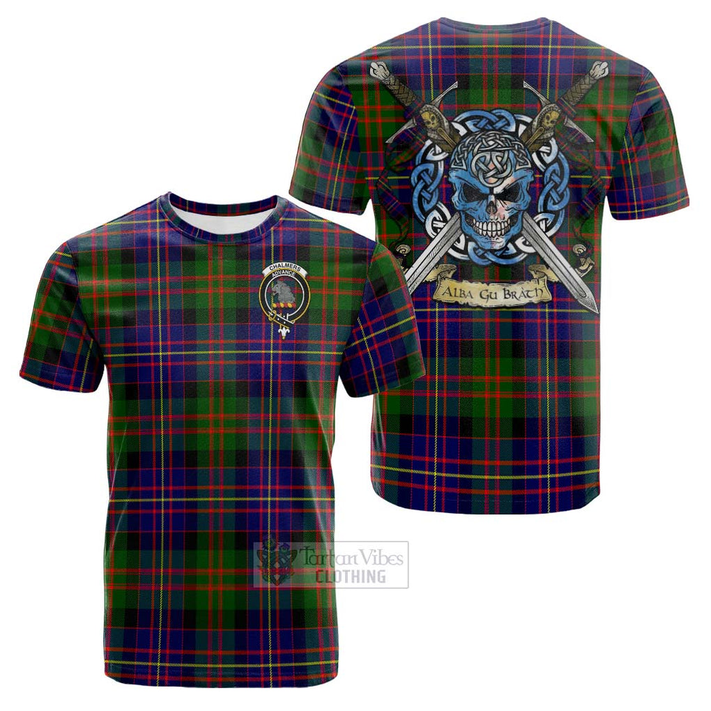 Tartan Vibes Clothing Chalmers Tartan Cotton T-shirt with Family Crest Celtic Skull Style