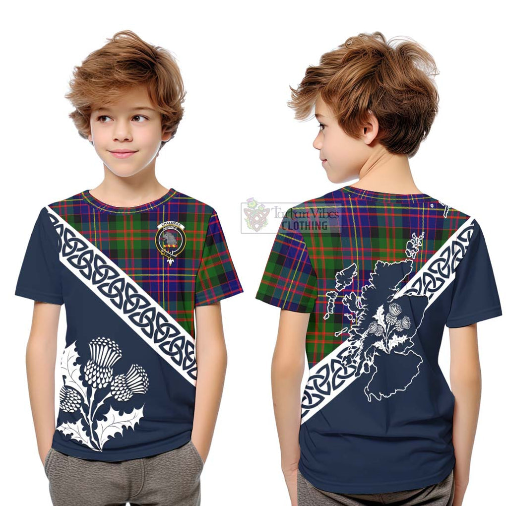 Tartan Vibes Clothing Chalmers Tartan Kid T-Shirt Featuring Thistle and Scotland Map