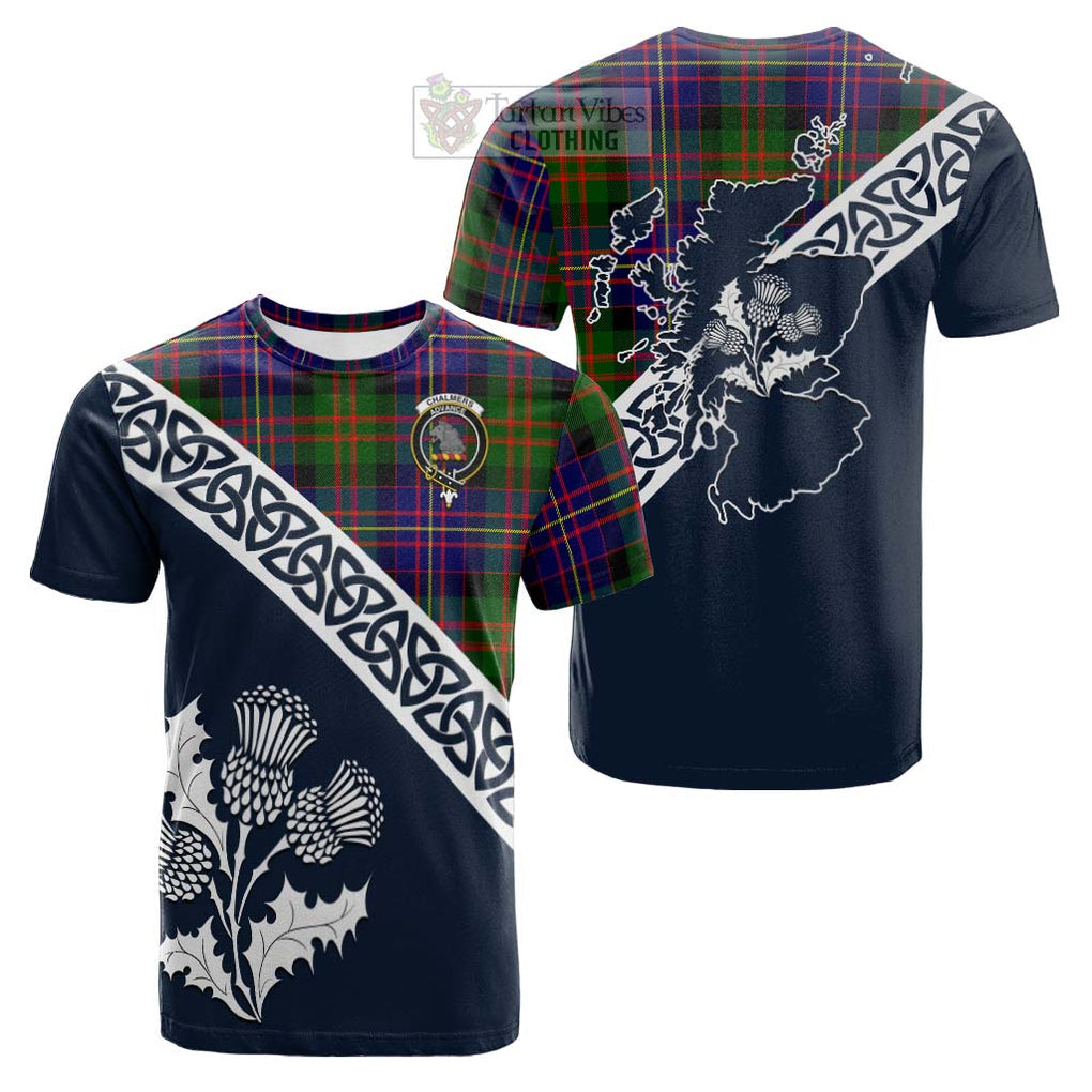 Tartan Vibes Clothing Chalmers Tartan Cotton T-shirt Featuring Thistle and Scotland Map