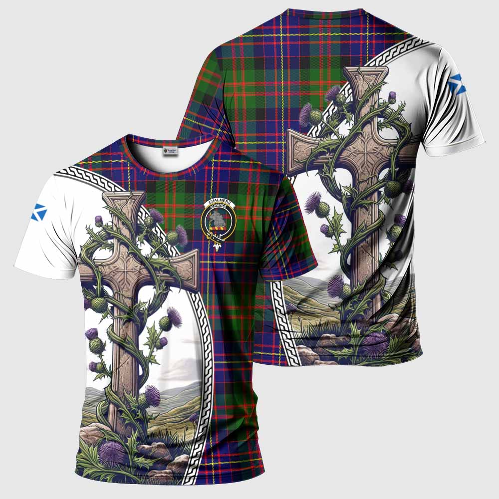 Tartan Vibes Clothing Chalmers Agnew Tartan T-Shirt with Family Crest and St. Andrew's Cross Accented by Thistle Vines