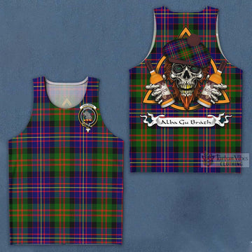 Chalmers Tartan Men's Tank Top with Family Crest and Bearded Skull Holding Bottles of Whiskey