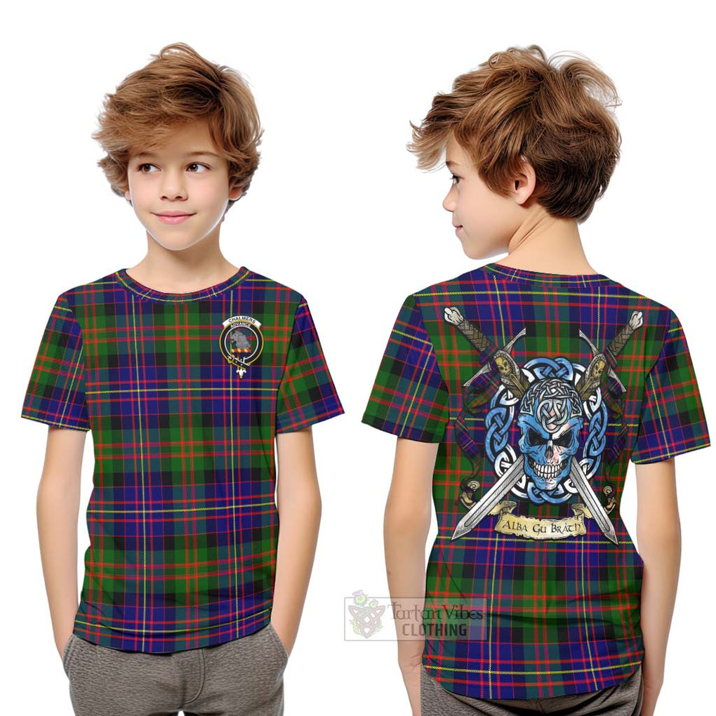 Tartan Vibes Clothing Chalmers Tartan Kid T-Shirt with Family Crest Celtic Skull Style