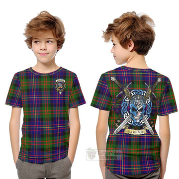 Chalmers Tartan Kid T-Shirt with Family Crest Celtic Skull Style