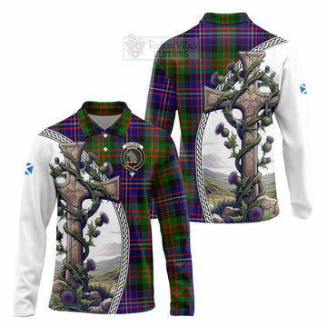 Chalmers Tartan Long Sleeve Polo Shirt with Family Crest and St. Andrew's Cross Accented by Thistle Vines Unisex - Tartan Vibes Clothing