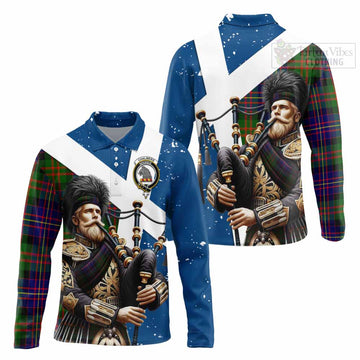 Chalmers Tartan Long Sleeve Polo Shirt with Family Crest Scottish Bagpiper Vibes Unisex - Tartan Vibes Clothing