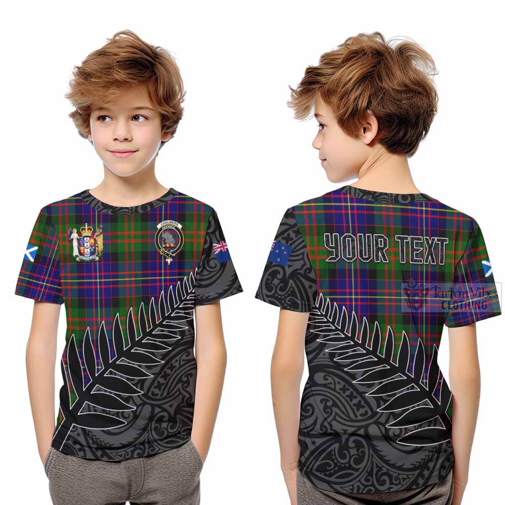 Tartan Vibes Clothing Chalmers Crest Tartan Kid T-Shirt with New Zealand Silver Fern Half Style