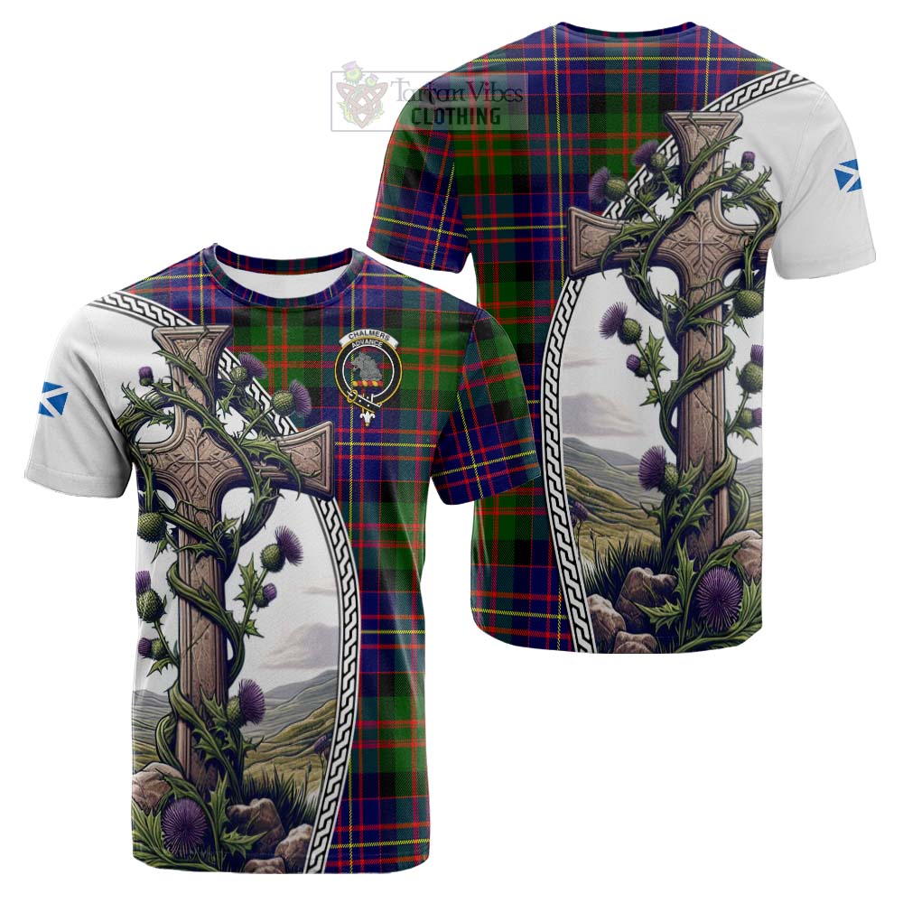 Tartan Vibes Clothing Chalmers Tartan Cotton T-shirt with Family Crest and St. Andrew's Cross Accented by Thistle Vines