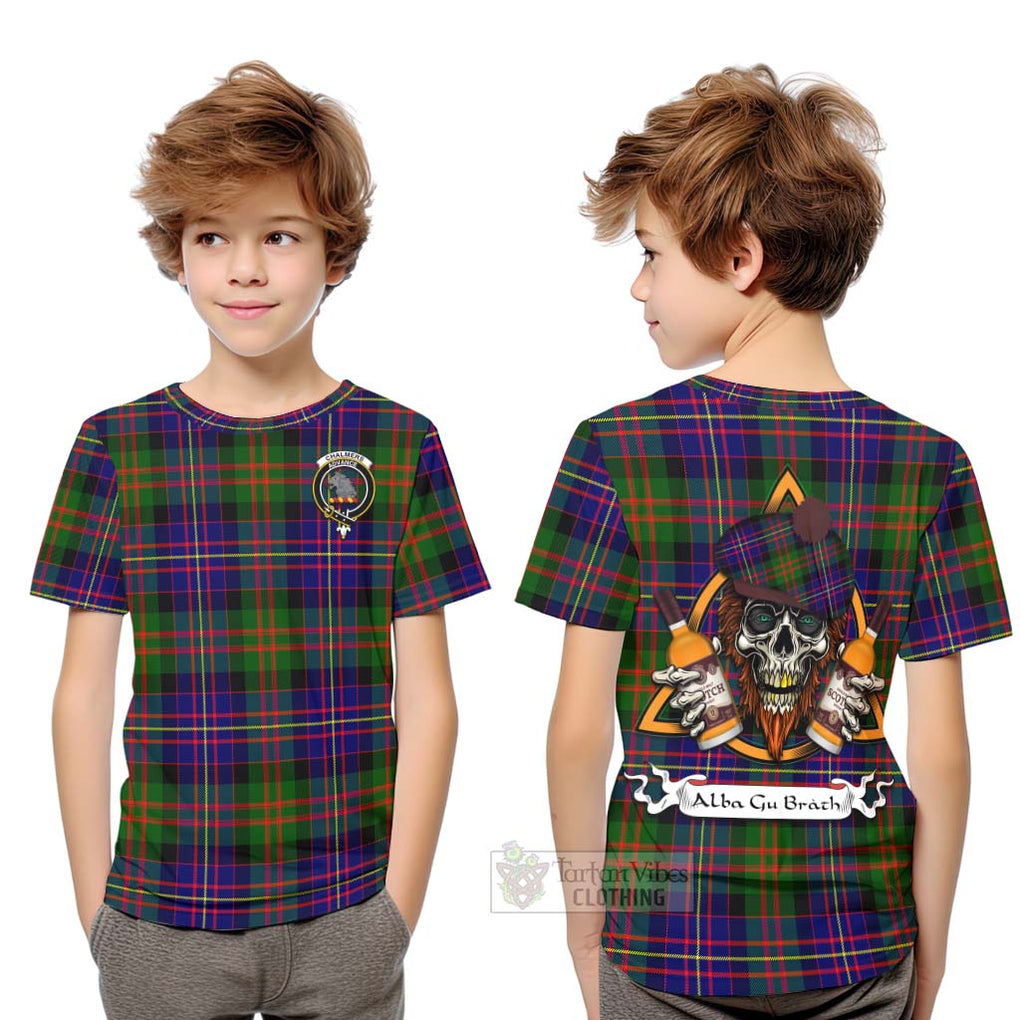 Tartan Vibes Clothing Chalmers Tartan Kid T-Shirt with Family Crest and Bearded Skull Holding Bottles of Whiskey