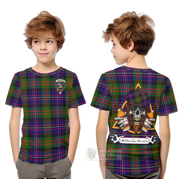 Chalmers Tartan Kid T-Shirt with Family Crest and Bearded Skull Holding Bottles of Whiskey