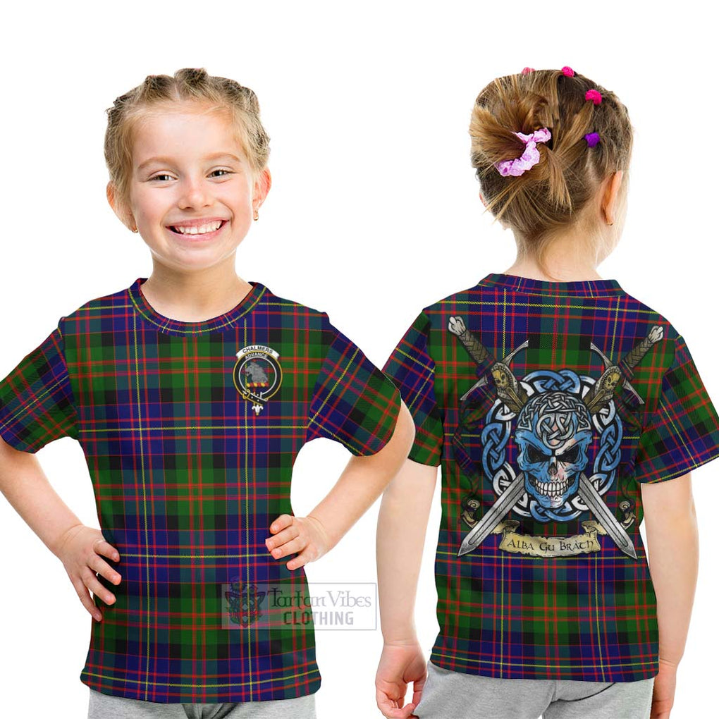 Tartan Vibes Clothing Chalmers Tartan Kid T-Shirt with Family Crest Celtic Skull Style