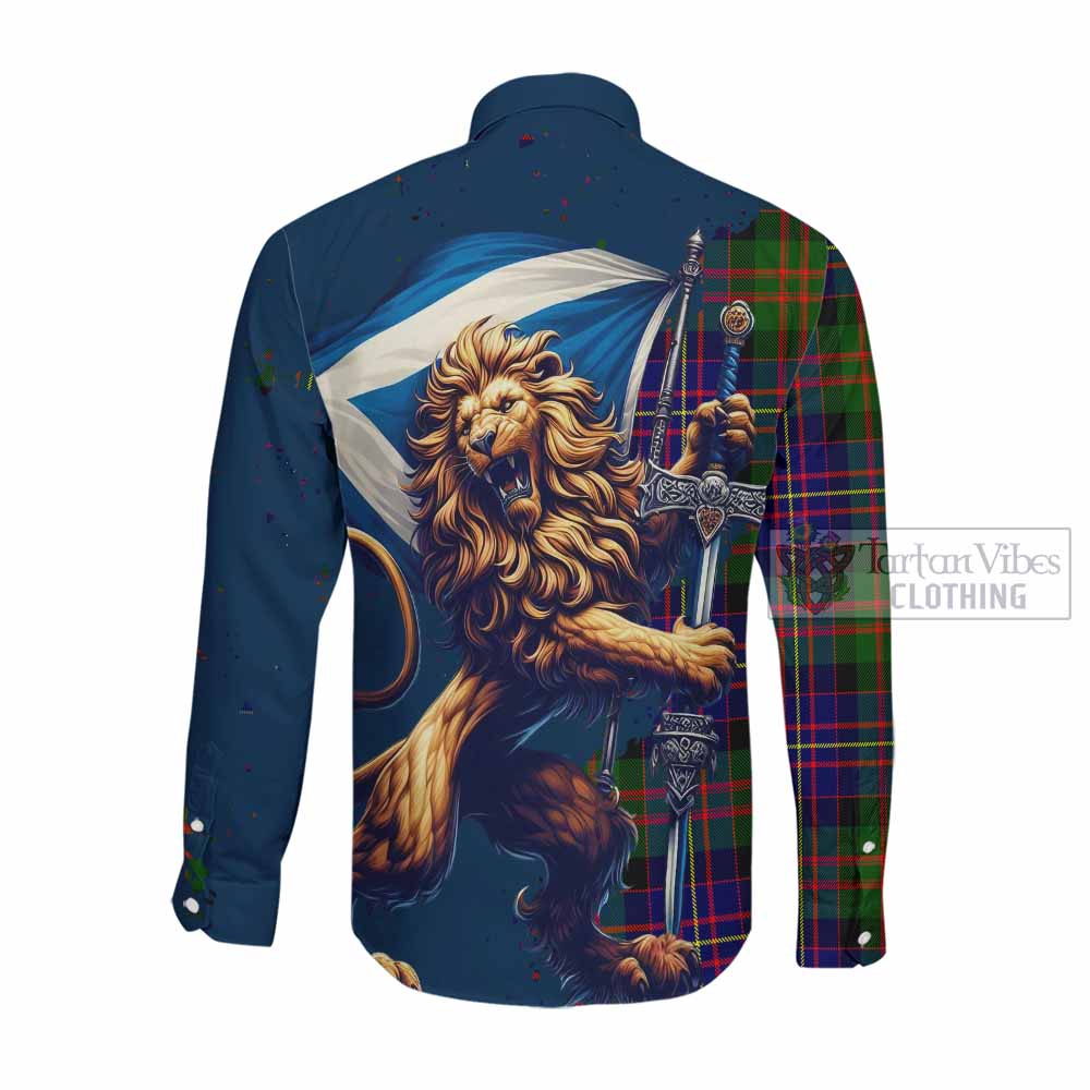 Tartan Vibes Clothing Chalmers Tartan Family Crest Long Sleeve Button Shirt with Scottish Majestic Lion