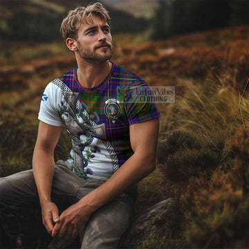 Chalmers Tartan T-Shirt with Family Crest and St. Andrew's Cross Accented by Thistle Vines