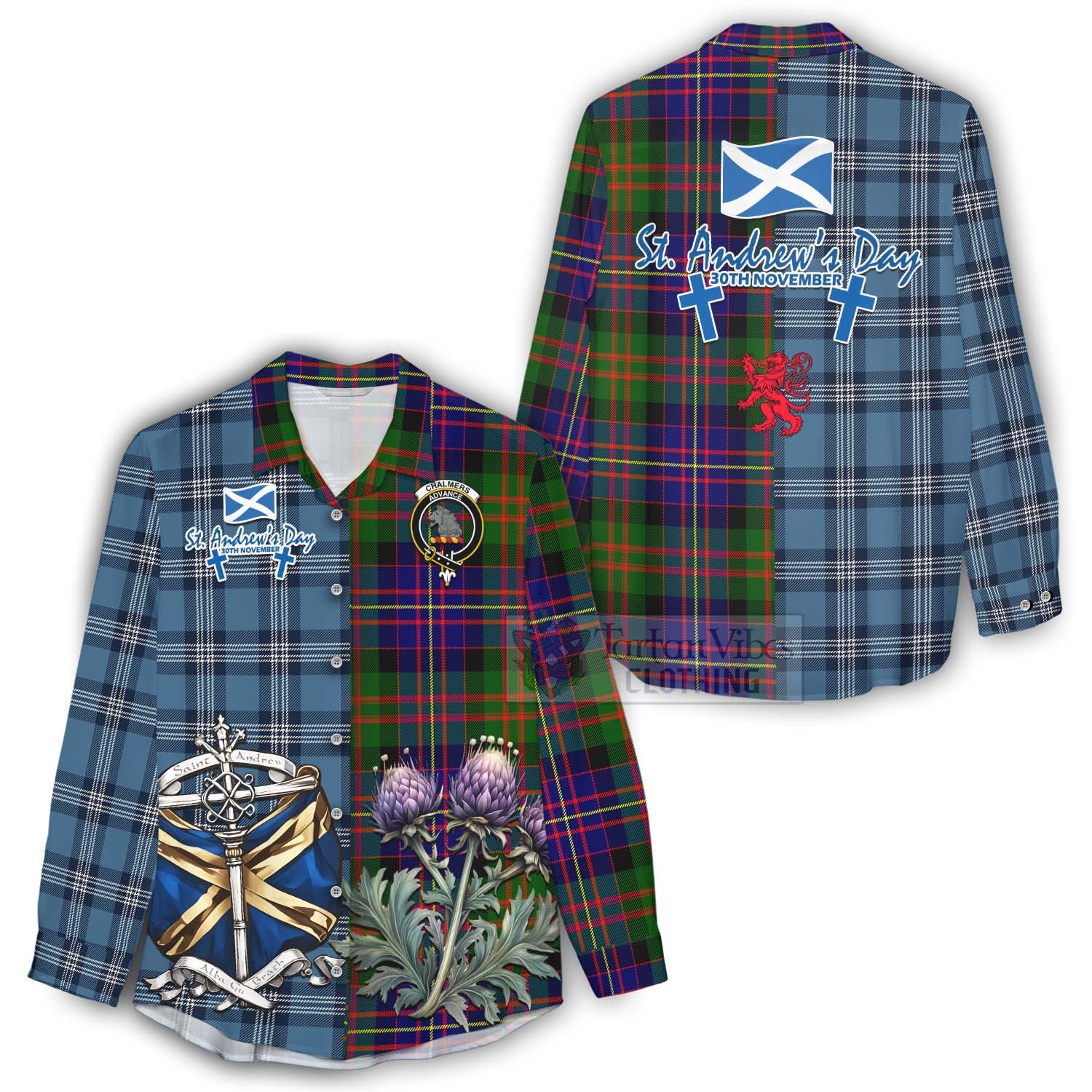 Tartan Vibes Clothing Chalmers Tartan Women's Casual Shirt Happy St. Andrew's Day Half Tartan Style