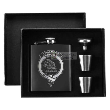Chalmers Crest Hip Flask Set 7oz Black Stainless Steel with A Gift Box - 2D-tartanvibesclothing
