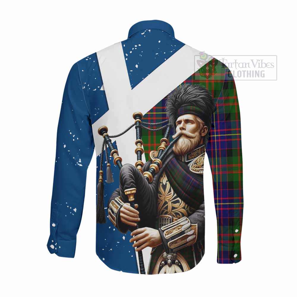 Tartan Vibes Clothing Chalmers Tartan Long Sleeve Button Shirt with Family Crest Scottish Bagpiper Vibes