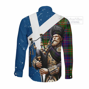 Chalmers Tartan Long Sleeve Button Shirt with Family Crest Scottish Bagpiper Vibes