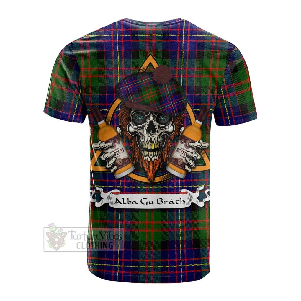 Tartan Vibes Clothing Chalmers Tartan Cotton T-shirt with Family Crest and Bearded Skull Holding Bottles of Whiskey