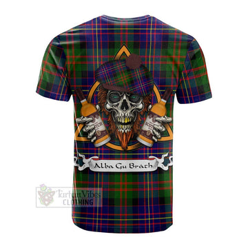 Chalmers Tartan Cotton T-shirt with Family Crest and Bearded Skull Holding Bottles of Whiskey