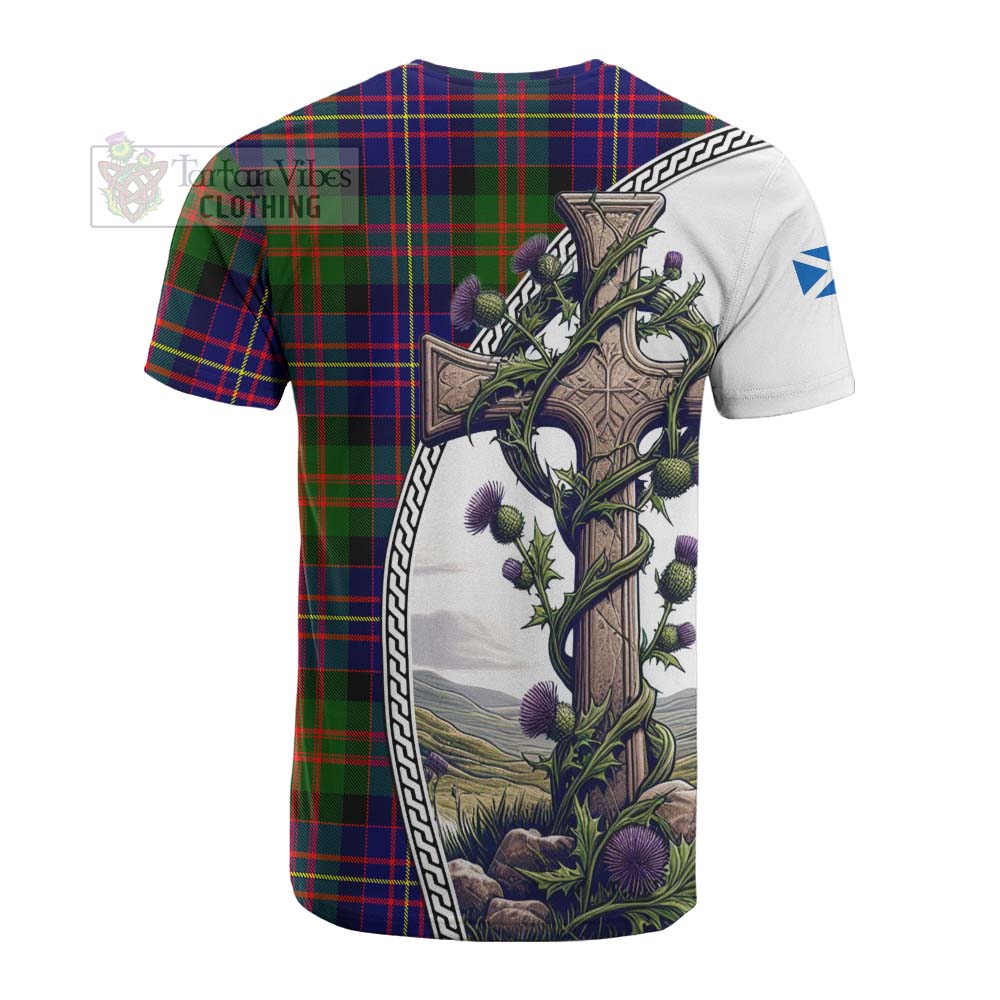 Tartan Vibes Clothing Chalmers Tartan Cotton T-shirt with Family Crest and St. Andrew's Cross Accented by Thistle Vines