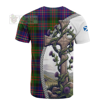 Chalmers Tartan Cotton T-shirt with Family Crest and St. Andrew's Cross Accented by Thistle Vines