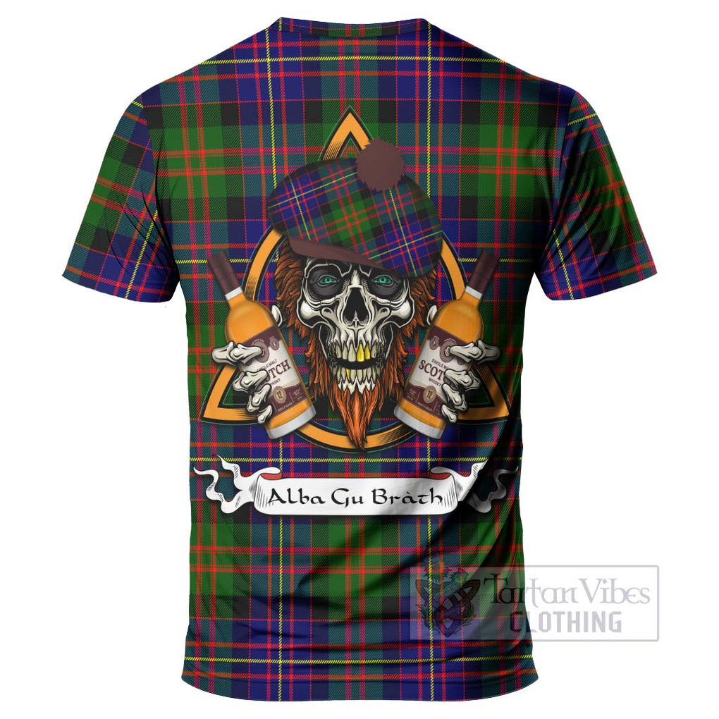 Tartan Vibes Clothing Chalmers Tartan T-Shirt with Family Crest and Bearded Skull Holding Bottles of Whiskey