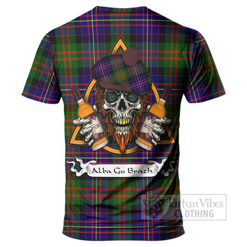 Chalmers Tartan T-Shirt with Family Crest and Bearded Skull Holding Bottles of Whiskey