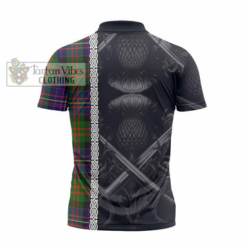 Chalmers Tartan Zipper Polo Shirt with Family Crest Cross Sword Thistle Celtic Vibes