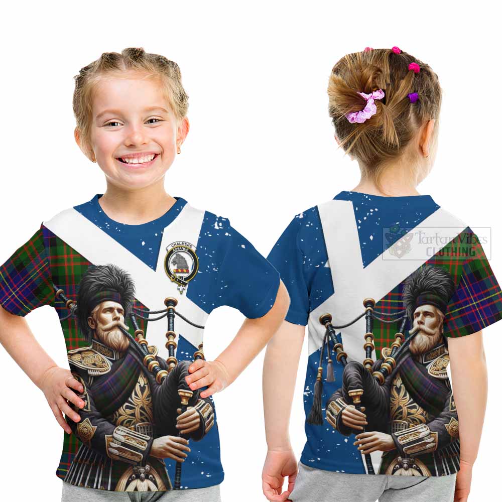 Tartan Vibes Clothing Chalmers Tartan Kid T-Shirt with Family Crest Scottish Bagpiper Vibes