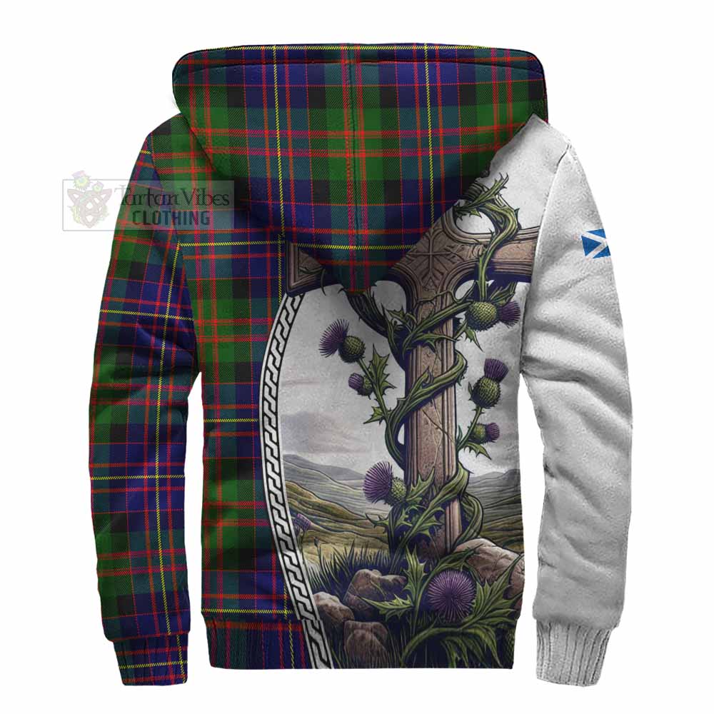 Tartan Vibes Clothing Chalmers Tartan Sherpa Hoodie with Family Crest and St. Andrew's Cross Accented by Thistle Vines