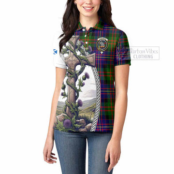 Chalmers Tartan Women's Polo Shirt with Family Crest and St. Andrew's Cross Accented by Thistle Vines