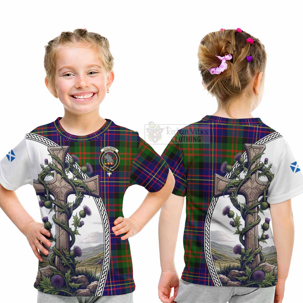 Tartan Vibes Clothing Chalmers Tartan Kid T-Shirt with Family Crest and St. Andrew's Cross Accented by Thistle Vines