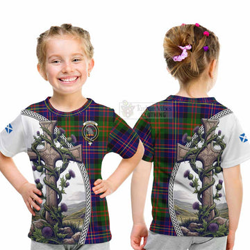 Chalmers Tartan Kid T-Shirt with Family Crest and St. Andrew's Cross Accented by Thistle Vines