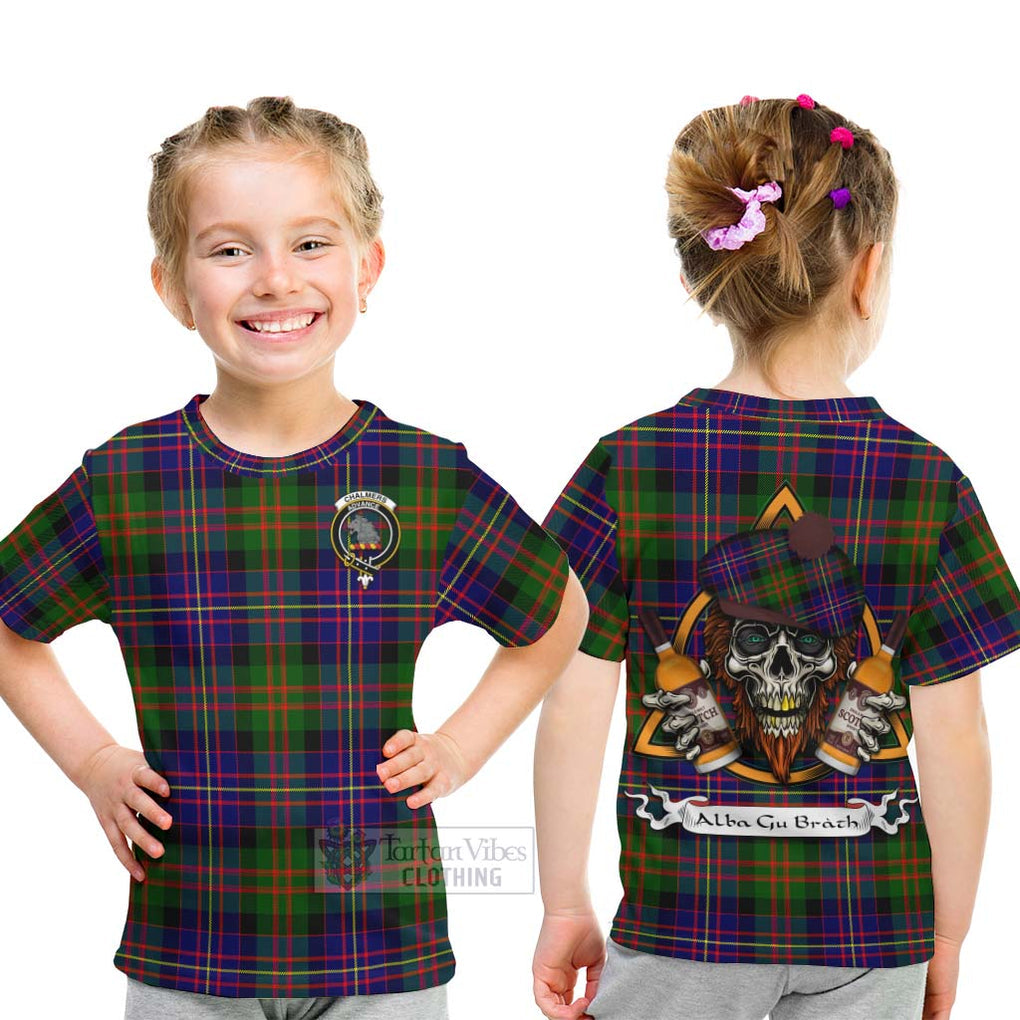 Tartan Vibes Clothing Chalmers Tartan Kid T-Shirt with Family Crest and Bearded Skull Holding Bottles of Whiskey