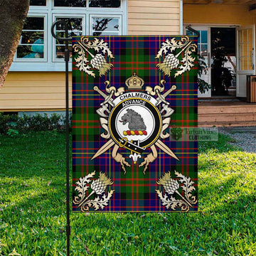 Chalmers Tartan Flag with Family Crest and Golden Thistle Crossed Sword Design