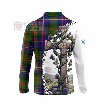 Chalmers Tartan Long Sleeve Polo Shirt with Family Crest and St. Andrew's Cross Accented by Thistle Vines - Tartan Vibes Clothing
