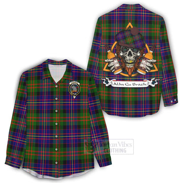 Chalmers Tartan Women's Casual Shirt with Family Crest and Bearded Skull Holding Bottles of Whiskey