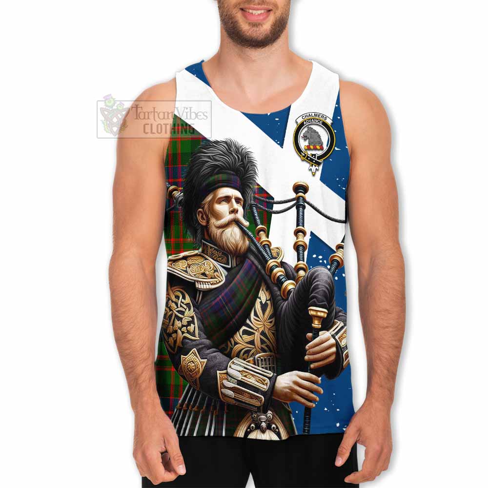 Chalmers Tartan Men's Tank Top with Family Crest Scottish Bagpiper Vibes