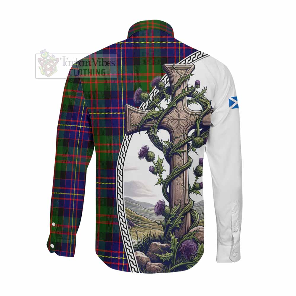 Tartan Vibes Clothing Chalmers Tartan Long Sleeve Button Shirt with Family Crest and St. Andrew's Cross Accented by Thistle Vines