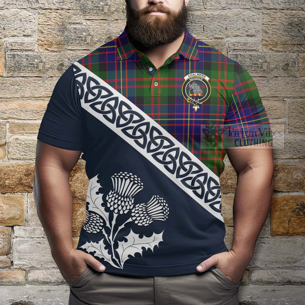 Chalmers Tartan Polo Shirt Featuring Thistle and Scotland Map - Tartanvibesclothing Store