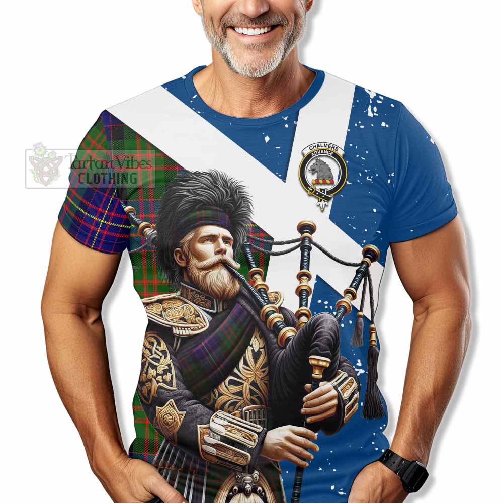 Tartan Vibes Clothing Chalmers Tartan T-Shirt with Family Crest Scottish Bagpiper Vibes