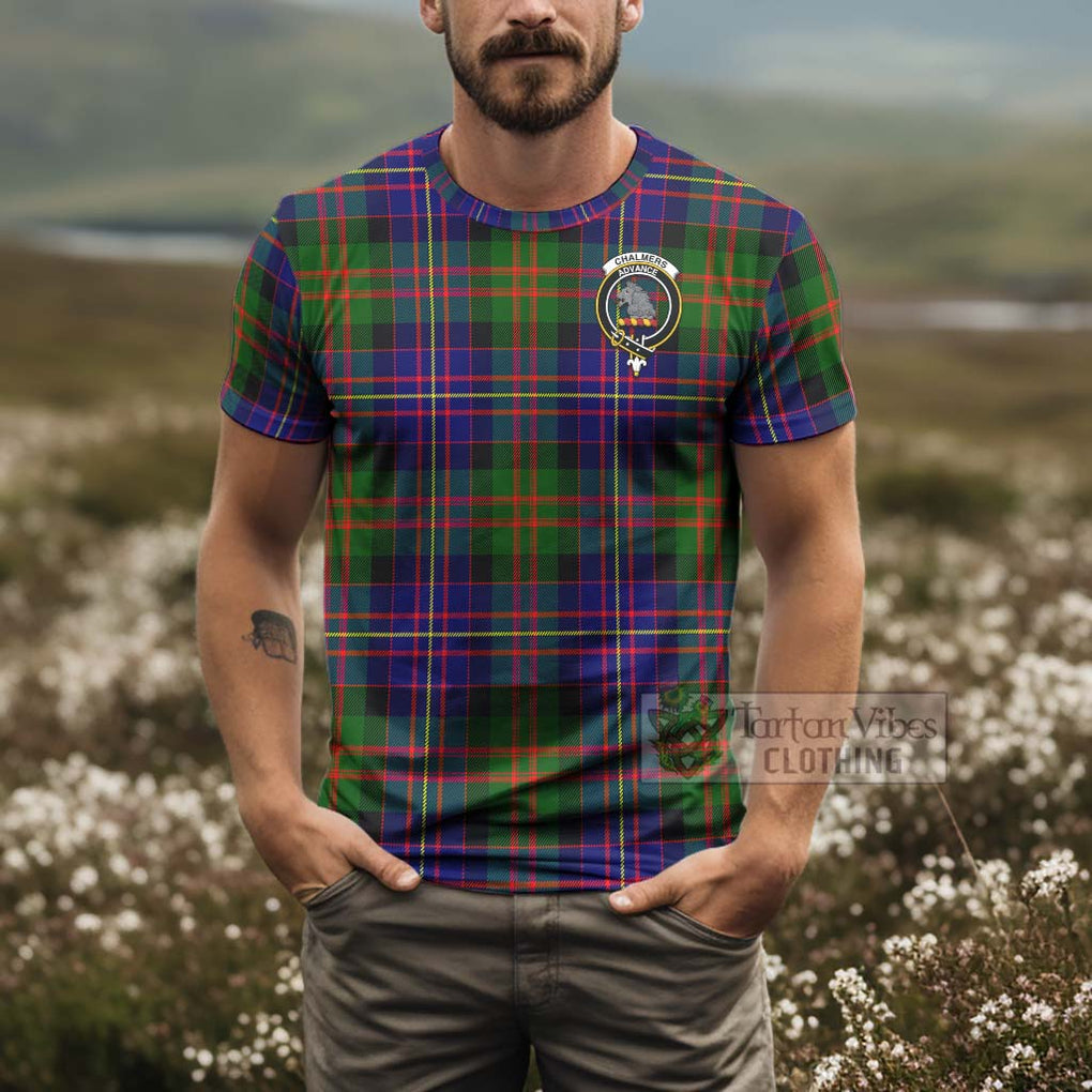 Tartan Vibes Clothing Chalmers Tartan T-Shirt with Family Crest and Bearded Skull Holding Bottles of Whiskey